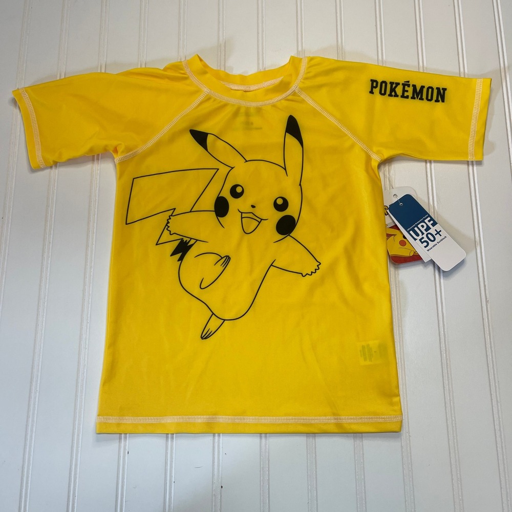 NWT Pokemon Pikachu Kids Rash Guard Swim Shirt Yellow UPF 50+ Size Small